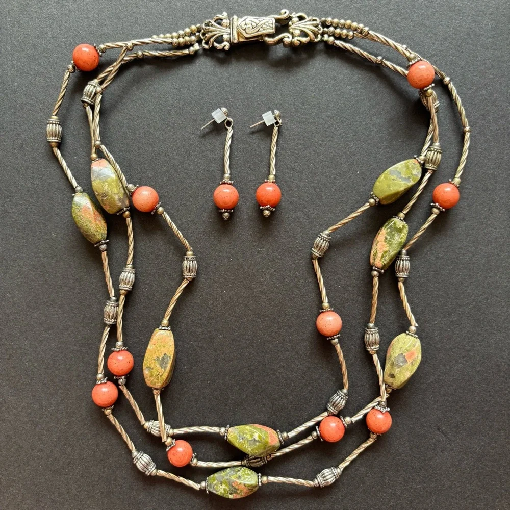 Unakite Gemstone Necklace & Earring Set | Magnetic Clasp